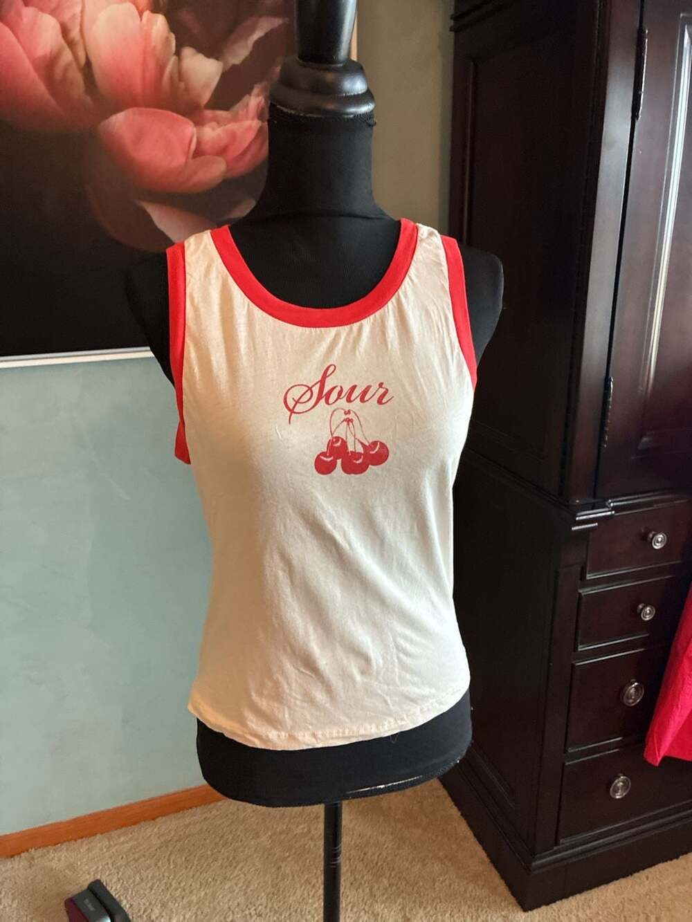 LETLUV for Anthropologie 'Sour' Cherry Graphic Ringer Tank Top Sz L A666